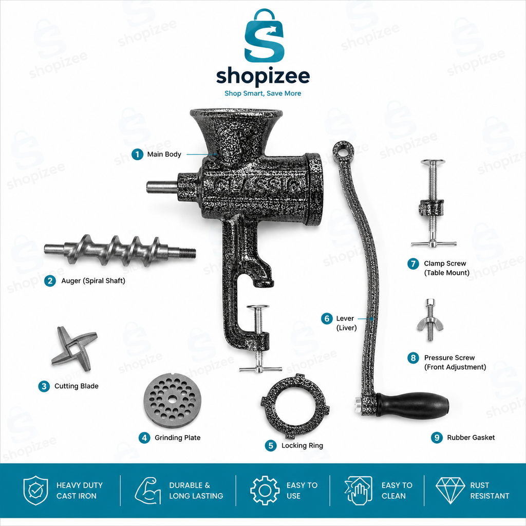 Shopizee Premium Heavy-Duty Cast Iron Manual Meat Grinder | Hand Operated Mincer Machine | Fresh Meat Mincer for Home & Commercial Use