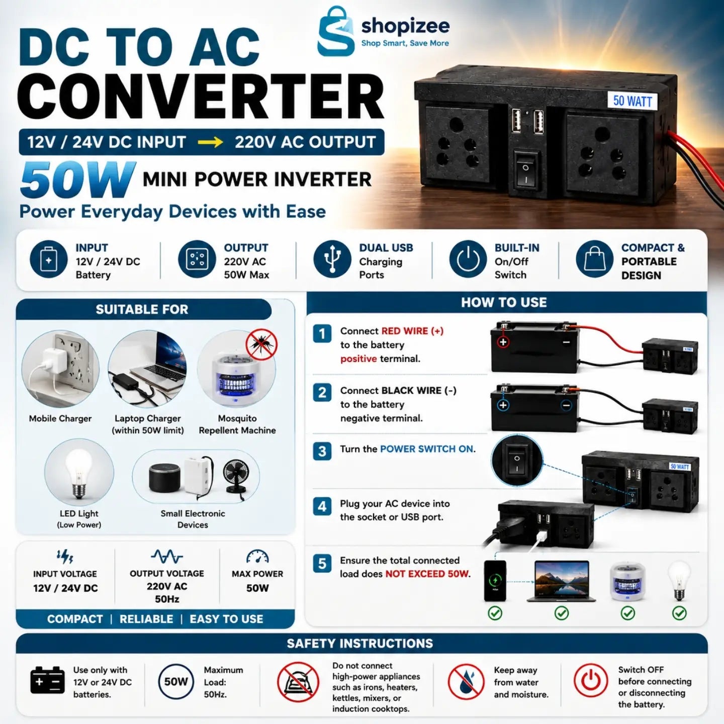 Shopizee AC to DC Converter with Dual Universal Socket, Dual USB Ports & Power Switch | Available in 50W & 100W Variants | For Mobile, Laptop & Mosquito Racket Chargers