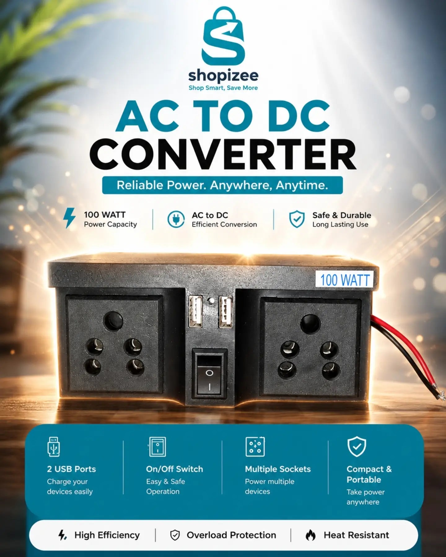 Shopizee AC to DC Converter with Dual Universal Socket, Dual USB Ports & Power Switch | Available in 50W & 100W Variants | For Mobile, Laptop & Mosquito Racket Chargers