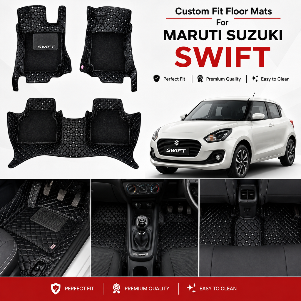 Premium 7D Leatherite Floor Mats for Maruti Suzuki Swift | Custom Fit | Waterproof | Anti-Slip | Full Floor Protection | Luxury Black