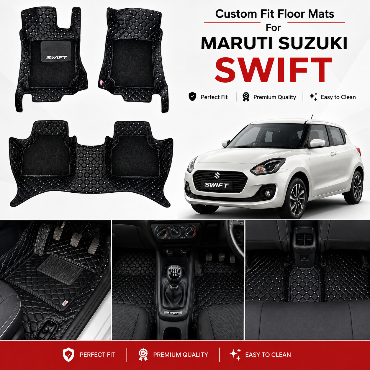 Premium 7D Leatherite Floor Mats for Maruti Suzuki Swift | Custom Fit | Waterproof | Anti-Slip | Full Floor Protection | Luxury Black