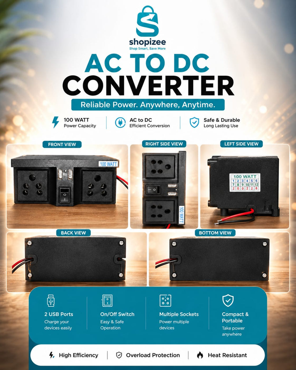 Shopizee AC to DC Converter with Dual Universal Socket, Dual USB Ports & Power Switch | Available in 50W & 100W Variants | For Mobile, Laptop & Mosquito Racket Chargers