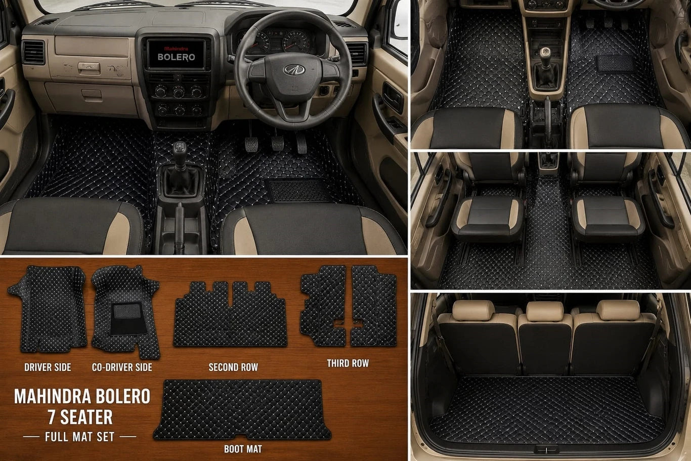 Premium 7D Leatherite Car Floor Mats for Mahindra Bolero 7 Seater | Custom Fit | Waterproof | Anti-Skid | Full Set | Black