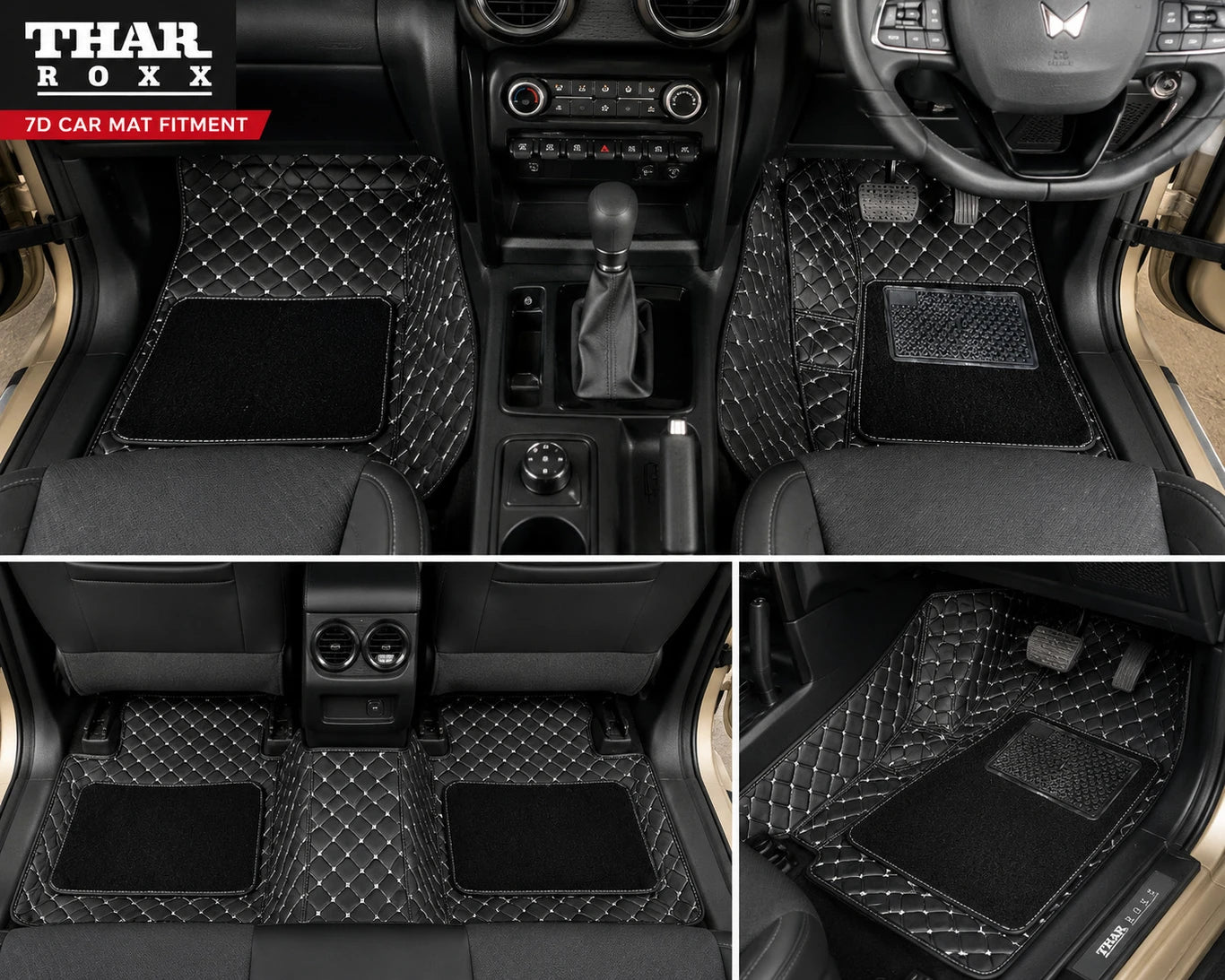 Premium 7D Leatherite Car Floor Mats for Mahindra Thar ROXX (2024 Onwards) | Custom Fit | Waterproof | Anti-Skid | Black