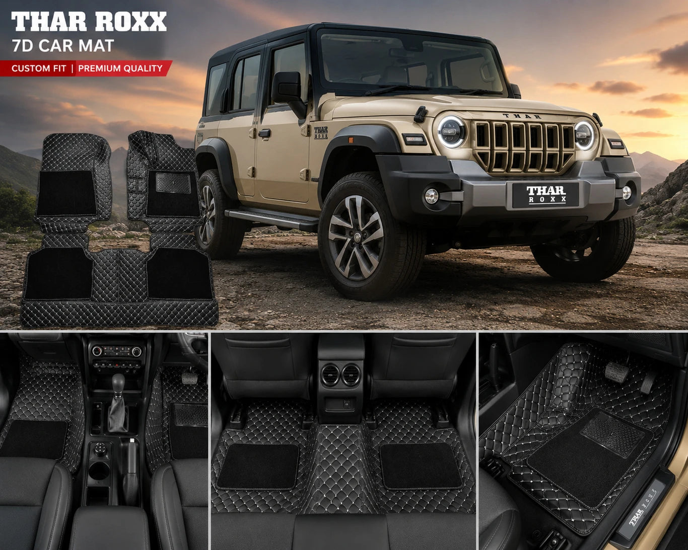 Premium 7D Leatherite Car Floor Mats for Mahindra Thar ROXX (2024 Onwards) | Custom Fit | Waterproof | Anti-Skid | Black