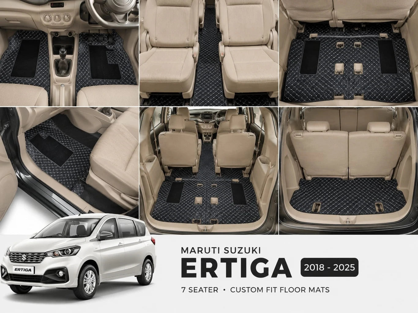 Shopizee Premium 7D Leatherite Custom Fit Car Floor Mats for Maruti Suzuki Ertiga (2018–2025) | Full Coverage | Waterproof | Anti-Slip | Black