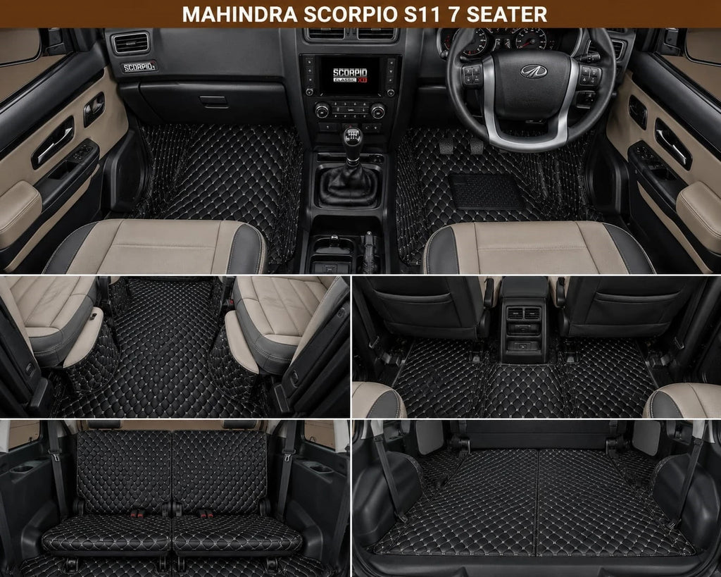 Premium 7D Leatherite Car Floor Mats for Mahindra Scorpio Classic S11 (2022 Onwards) 7 Seater | Custom Fit | Waterproof | Anti-Skid | Full Set | Black