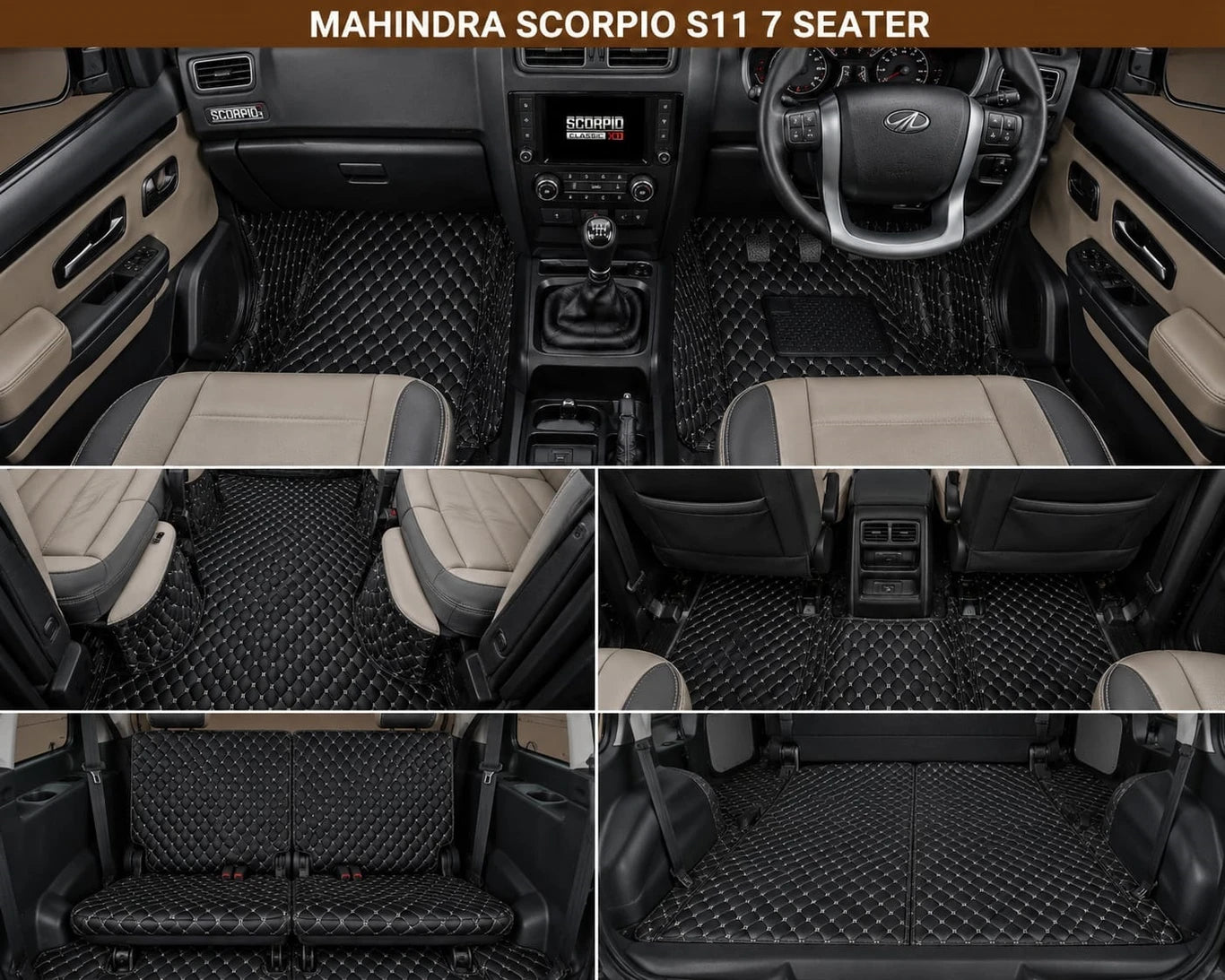 Premium 7D Leatherite Car Floor Mats for Mahindra Scorpio Classic S11 (2022 Onwards) 7 Seater | Custom Fit | Waterproof | Anti-Skid | Full Set | Black